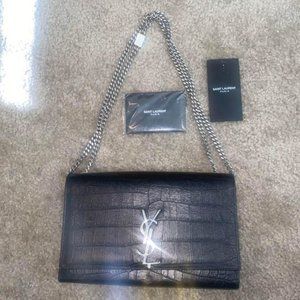 Saint Laurent YSL Monogram Kate Bag Medium Black Croc Embossed Leather NO TASSEL